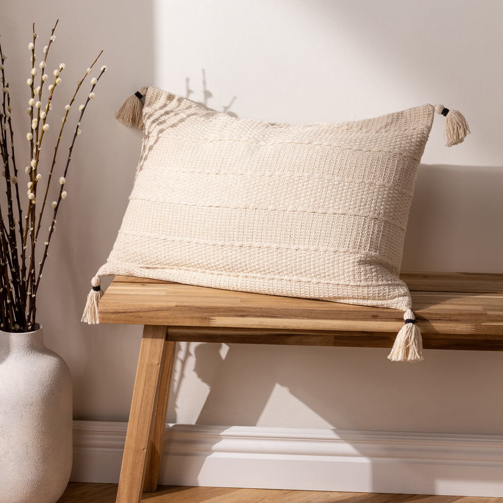 Striped Beige Cushions - Caliche Textured Tasselled Cushion Cover Natural Yard