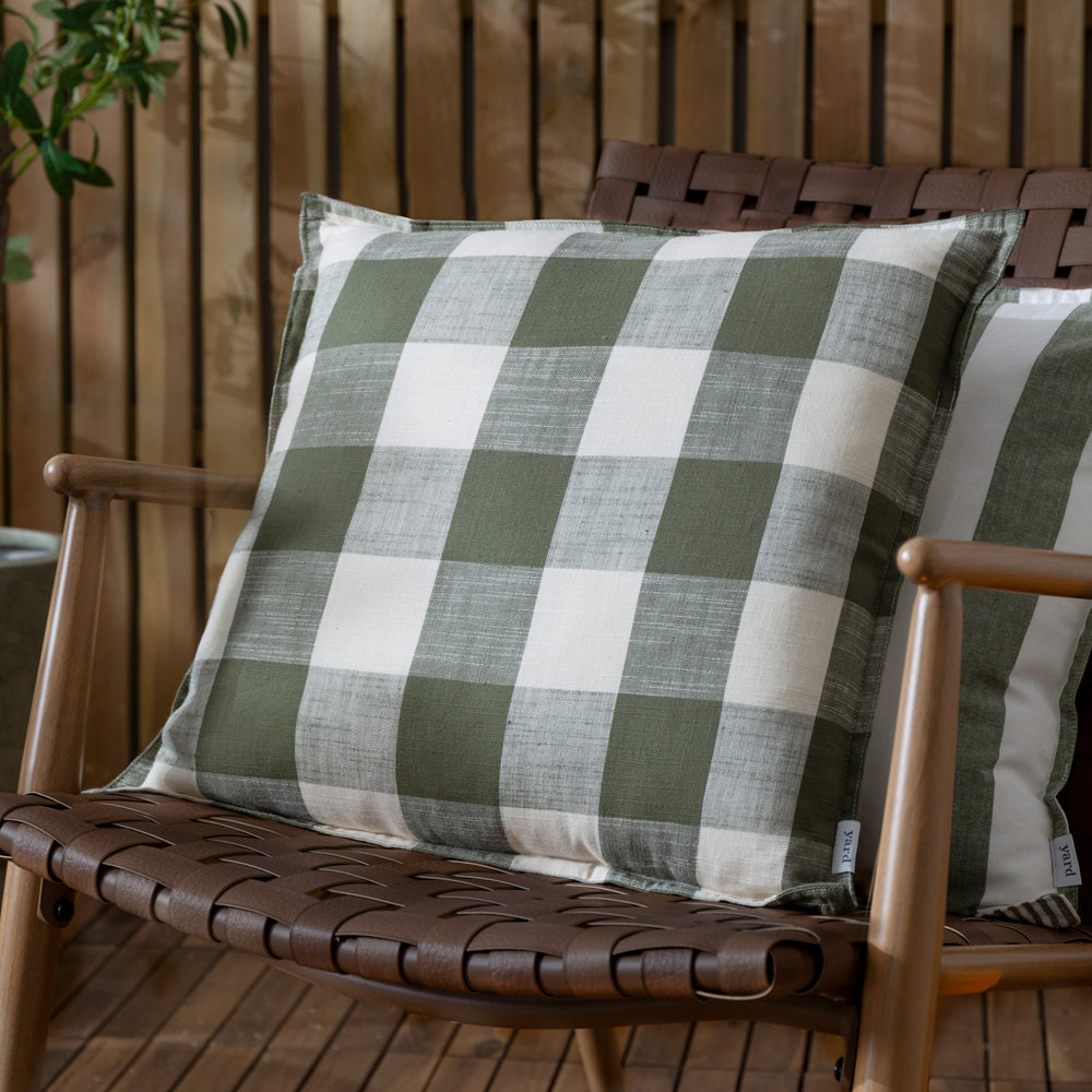 Check Green Cushions - Chesil Check 100% Cotton Outdoor Polyester Filled Cushion Moss Yard