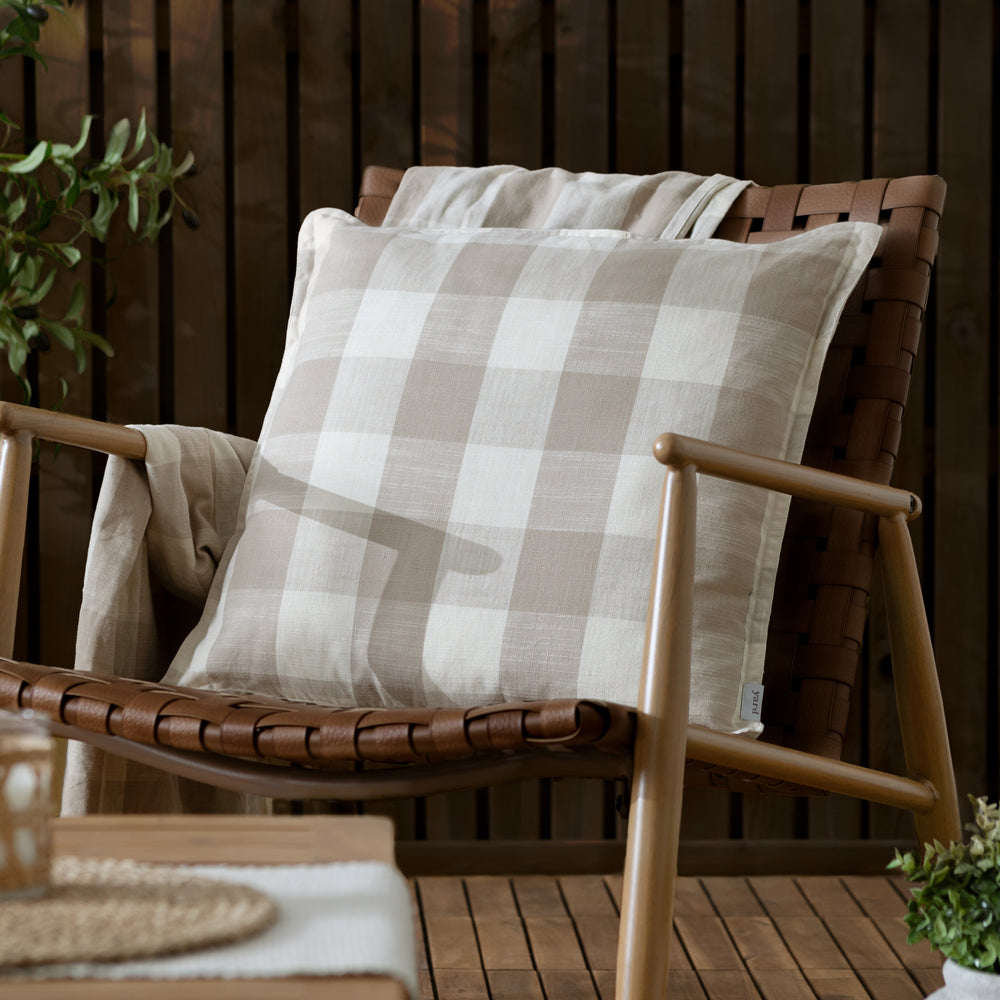Check Beige Cushions - Chesil Check 100% Cotton Outdoor Polyester Filled Cushion Natural Yard