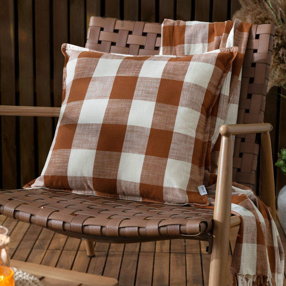 Check Brown Cushions - Chesil Check 100% Cotton Outdoor Polyester Filled Cushion Pecan Yard