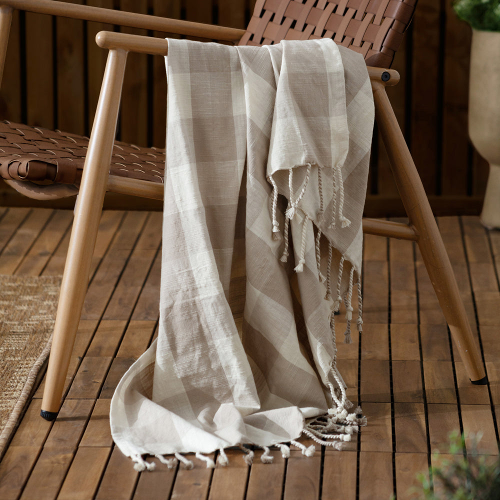 Check Beige Throws - Chesil Check Tasselled 100% Cotton Throw Natural Yard