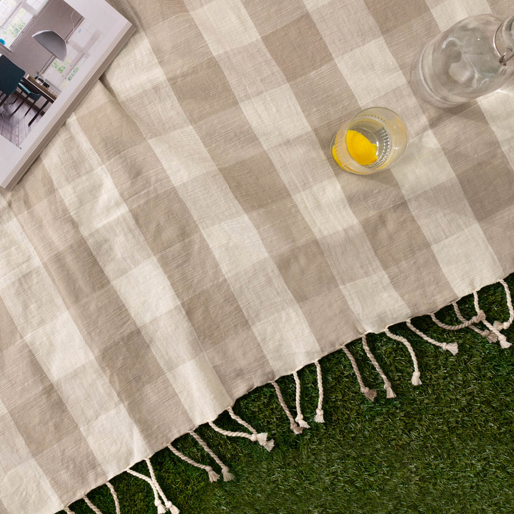 Check Beige Throws - Chesil Check Tasselled 100% Cotton Throw Natural Yard