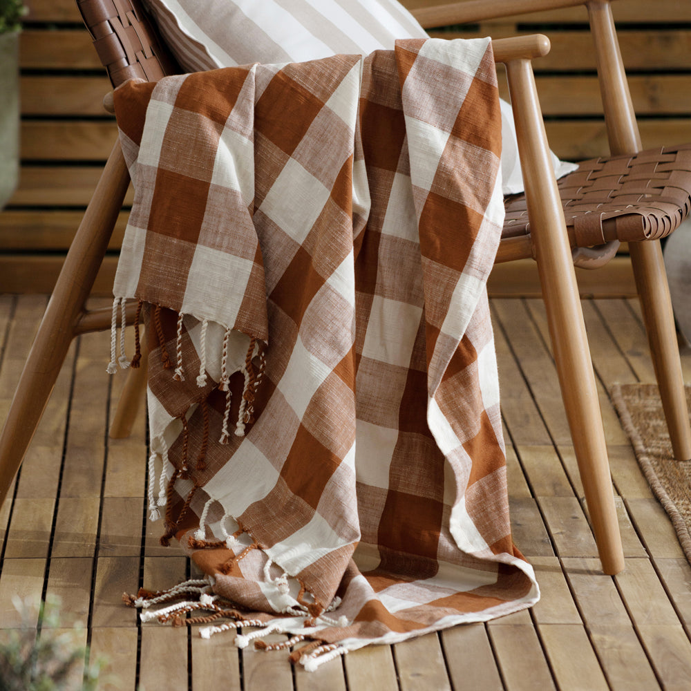 Check Cream Throws - Chesil Check Tasselled 100% Cotton Throw Pecan Yard