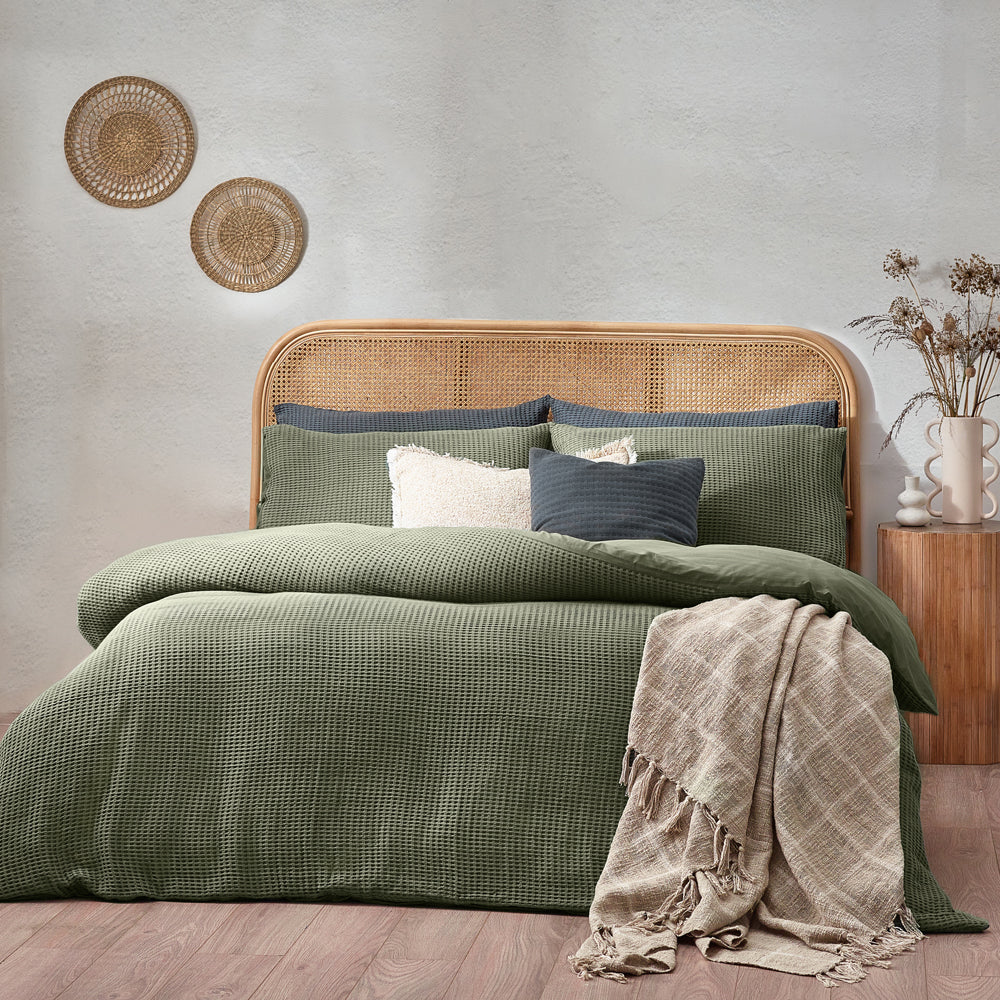 Plain Green Bedding - Chunky Waffle Duvet Cover Set Eucalyptus Yard