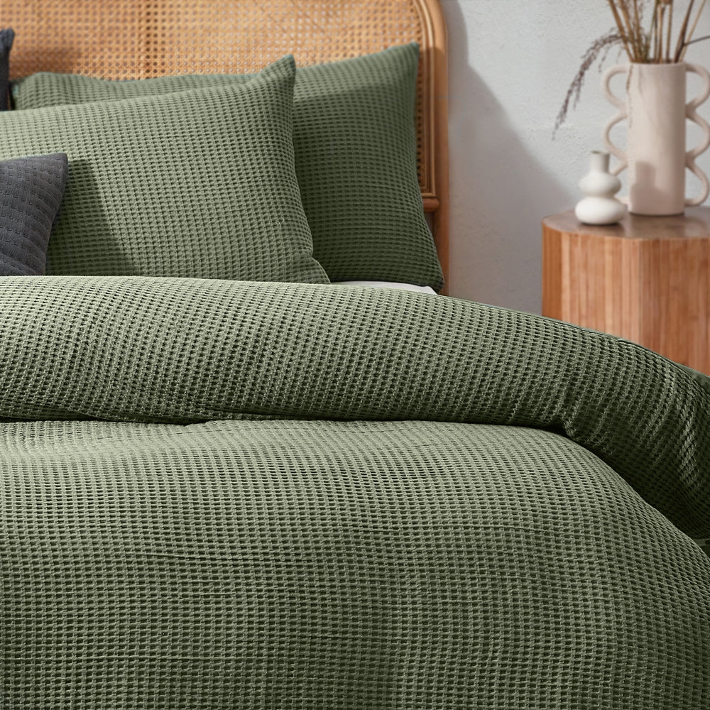 Plain Green Bedding - Chunky Waffle Duvet Cover Set Eucalyptus Yard