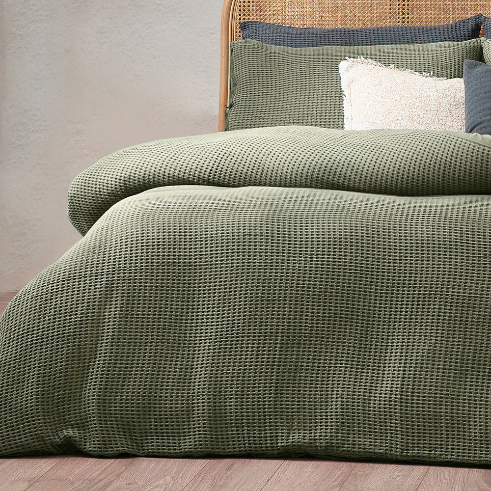 Plain Green Bedding - Chunky Waffle Duvet Cover Set Eucalyptus Yard