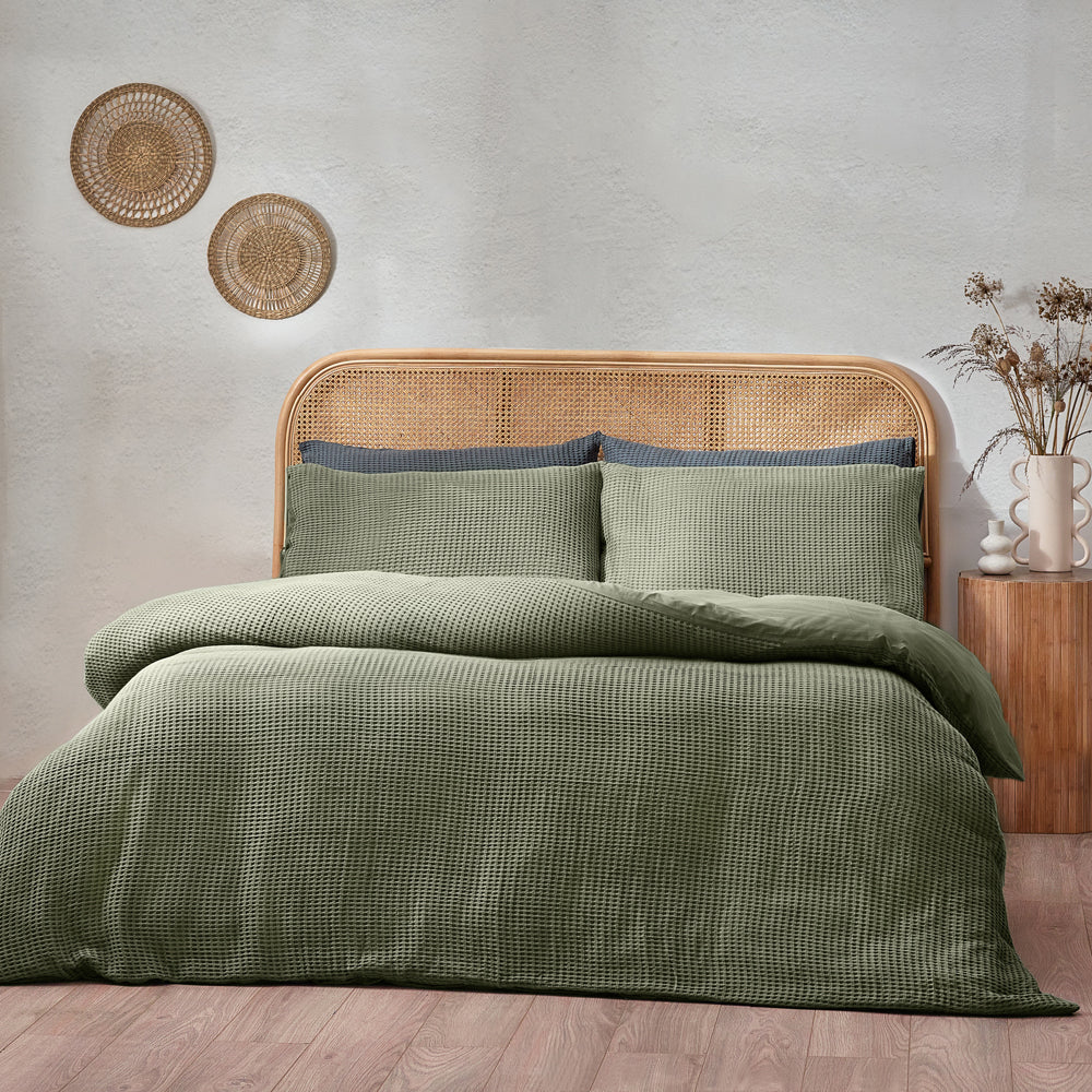 Plain Green Bedding - Chunky Waffle Duvet Cover Set Eucalyptus Yard