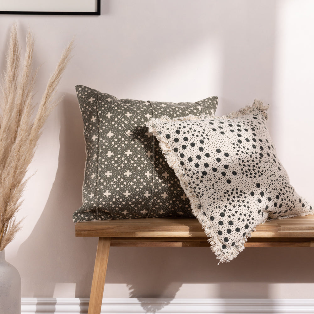 Spotted Black Cushions - Hara Woven Fringed Cotton Cushion Cover Lichen Yard