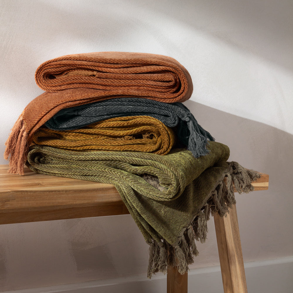 Herringbone Green Throws - Harri Throw Lichen Yard