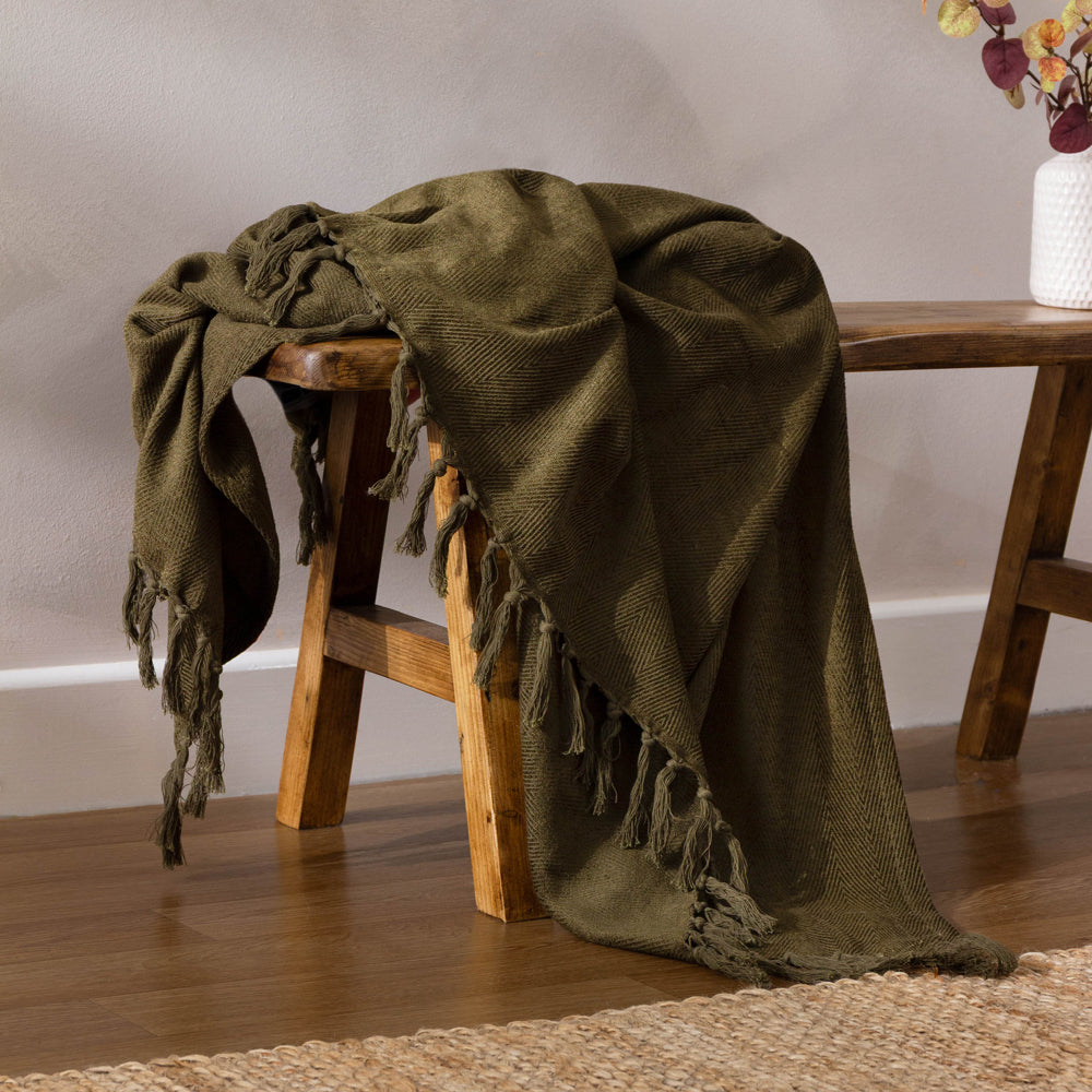 Herringbone Green Throws - Harri Throw Lichen Yard
