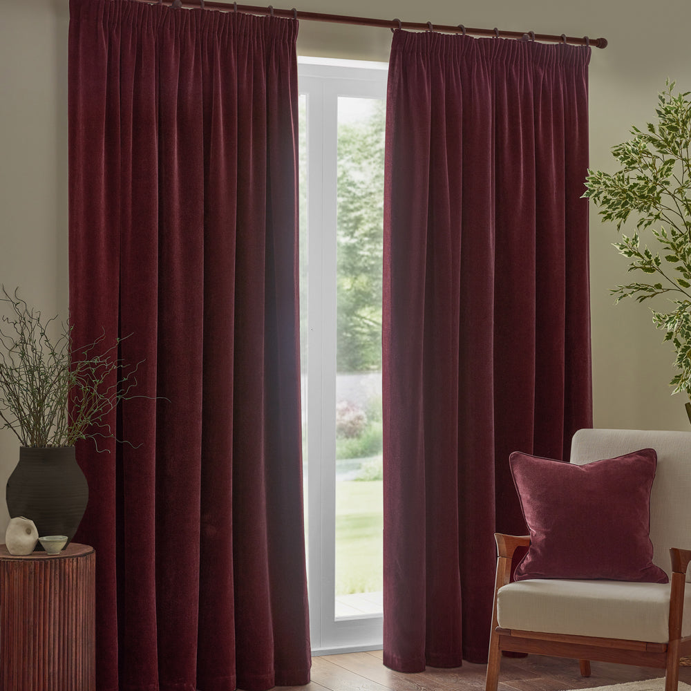 Plain Red Curtains - Heavy Chenille Velvet Room Darkening Pencil Pleat Curtains Beetroot Yard