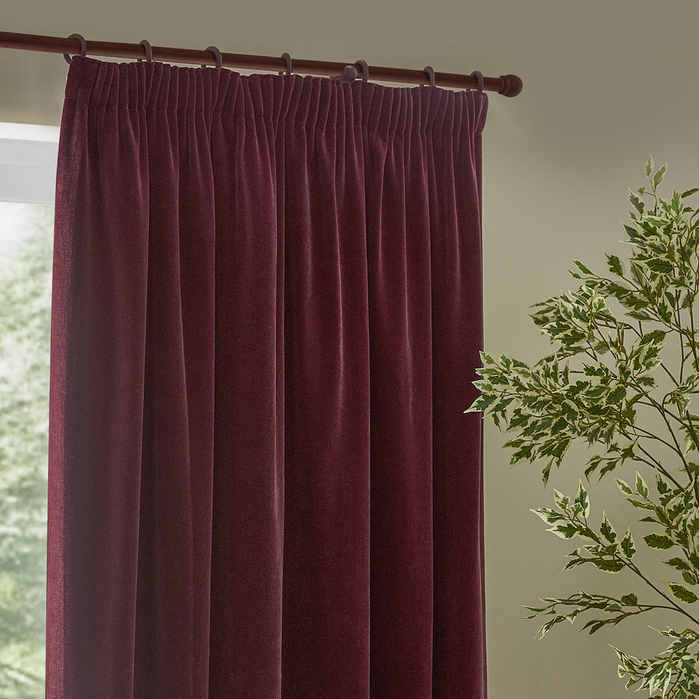Plain Red Curtains - Heavy Chenille Velvet Room Darkening Pencil Pleat Curtains Beetroot Yard