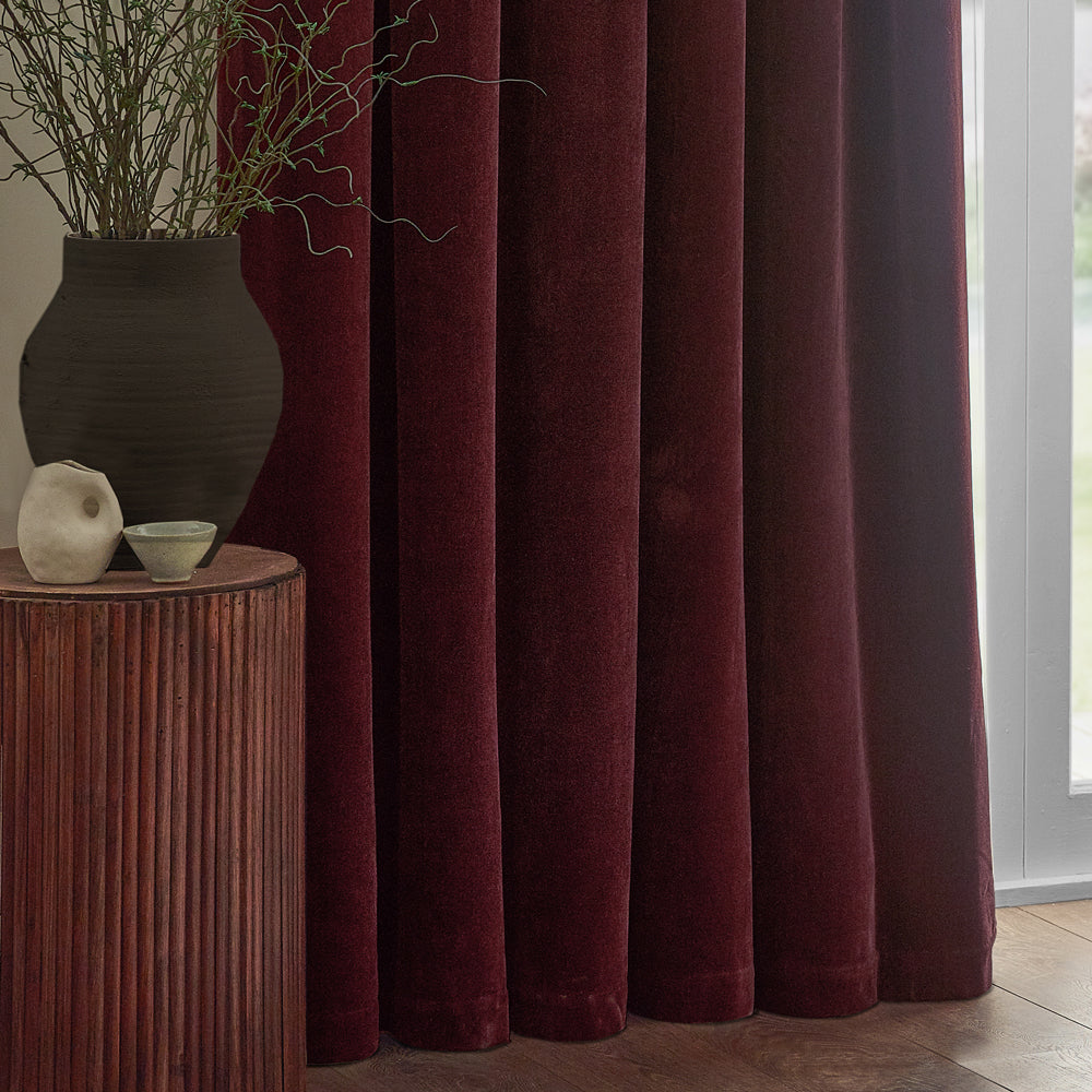 Plain Red Curtains - Heavy Chenille Velvet Room Darkening Pencil Pleat Curtains Beetroot Yard