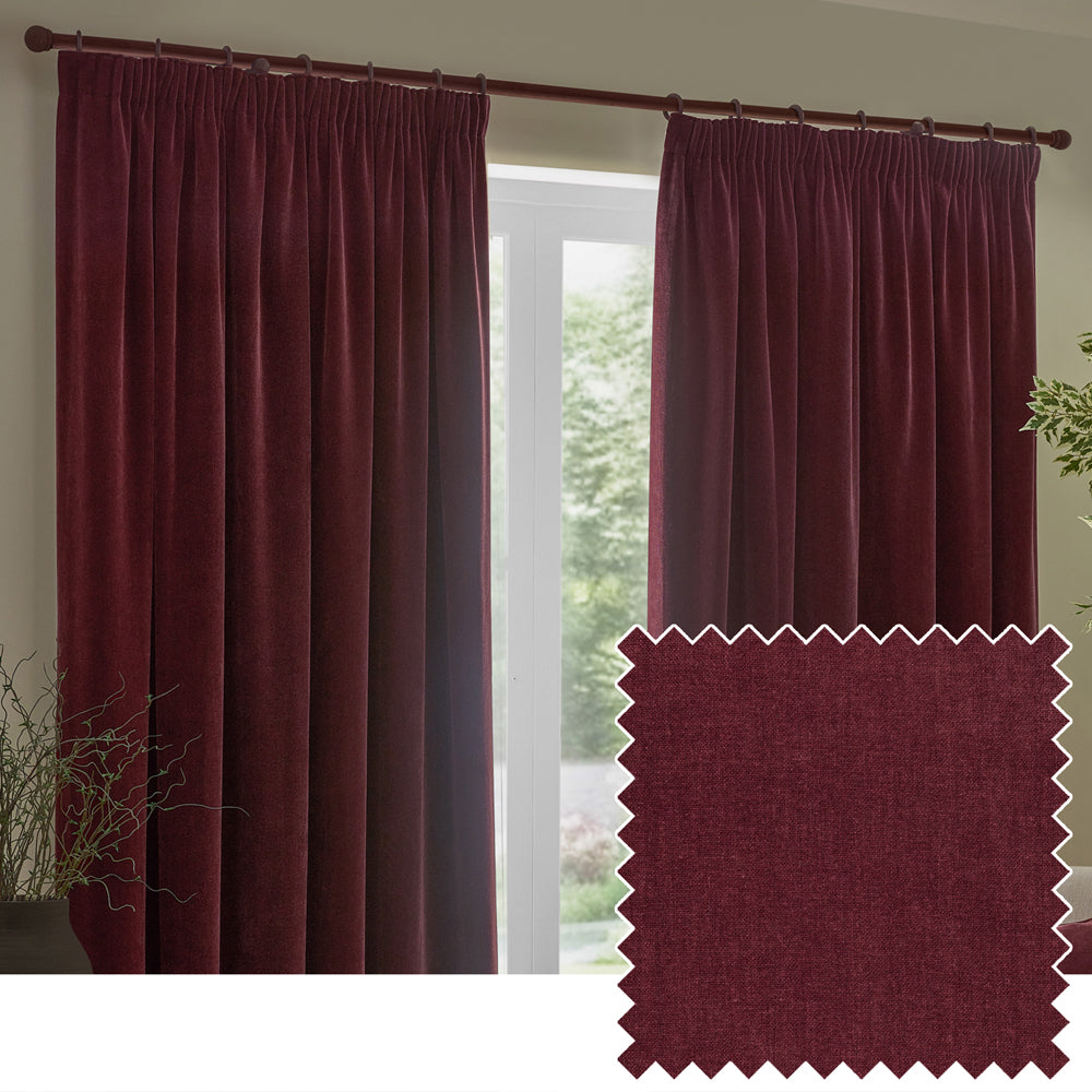 Plain Red Curtains - Heavy Chenille Velvet Room Darkening Pencil Pleat Curtains Beetroot Yard