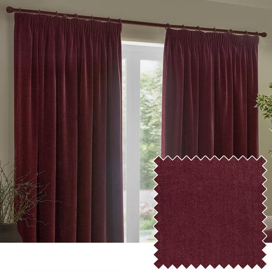 Plain Red Curtains - Heavy Chenille Velvet Room Darkening Pencil Pleat Curtains Beetroot Yard