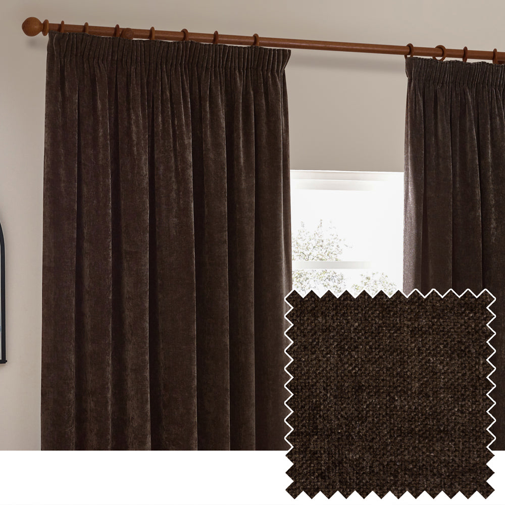 Plain Brown Curtains - Heavy Chenille Velvet Room Darkening Pencil Pleat Curtains Brown Yard