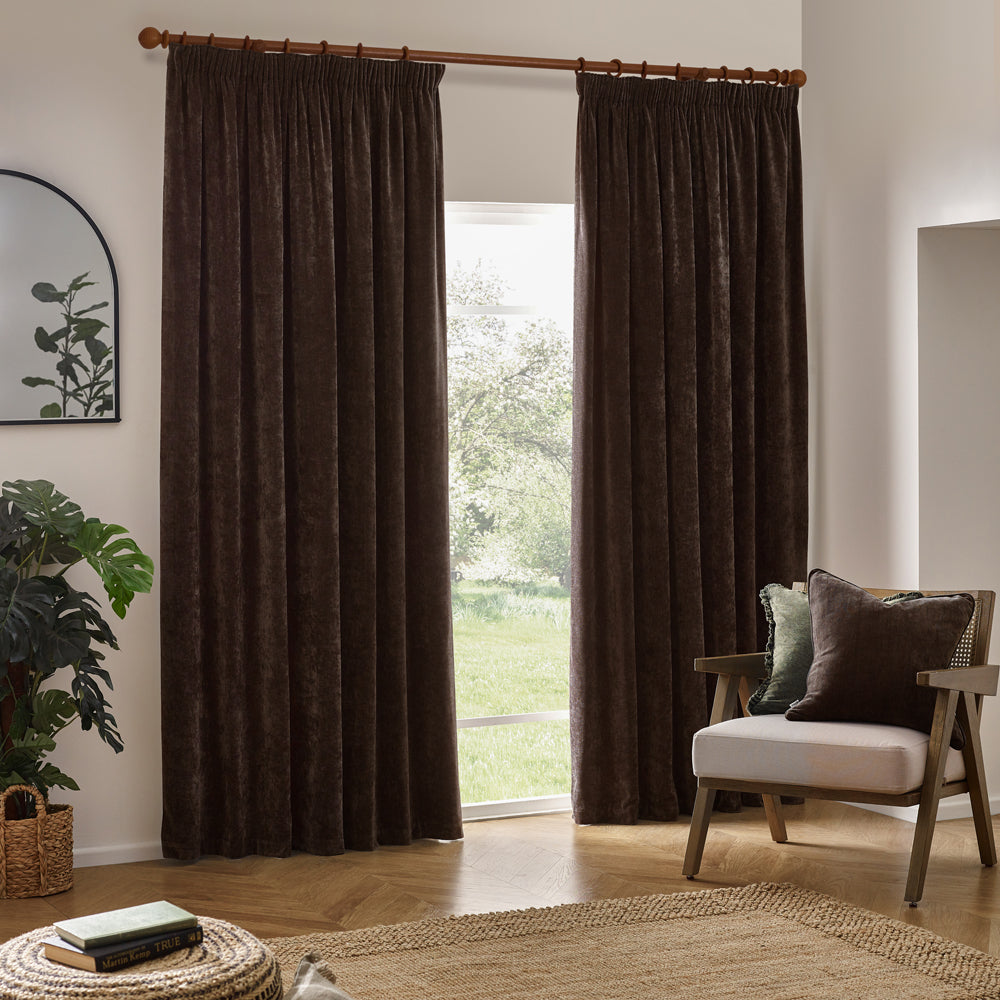 Plain Brown Curtains - Heavy Chenille Velvet Room Darkening Pencil Pleat Curtains Brown Yard