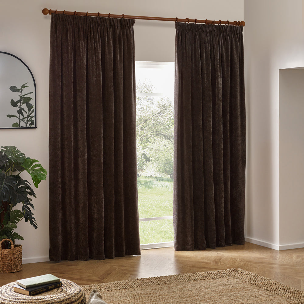 Plain Brown Curtains - Heavy Chenille Velvet Room Darkening Pencil Pleat Curtains Brown Yard