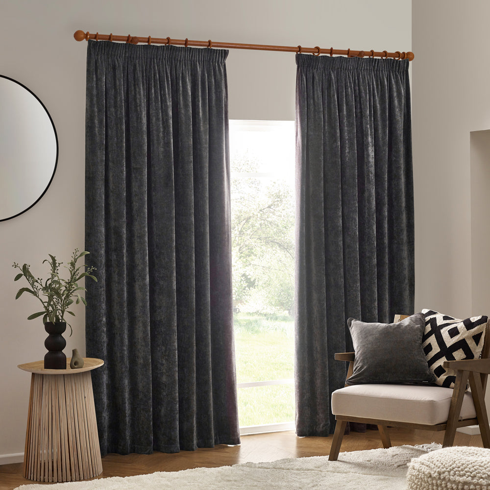 Plain Grey Curtains - Heavy Chenille Velvet Room Darkening Pencil Pleat Curtains Charcoal Yard