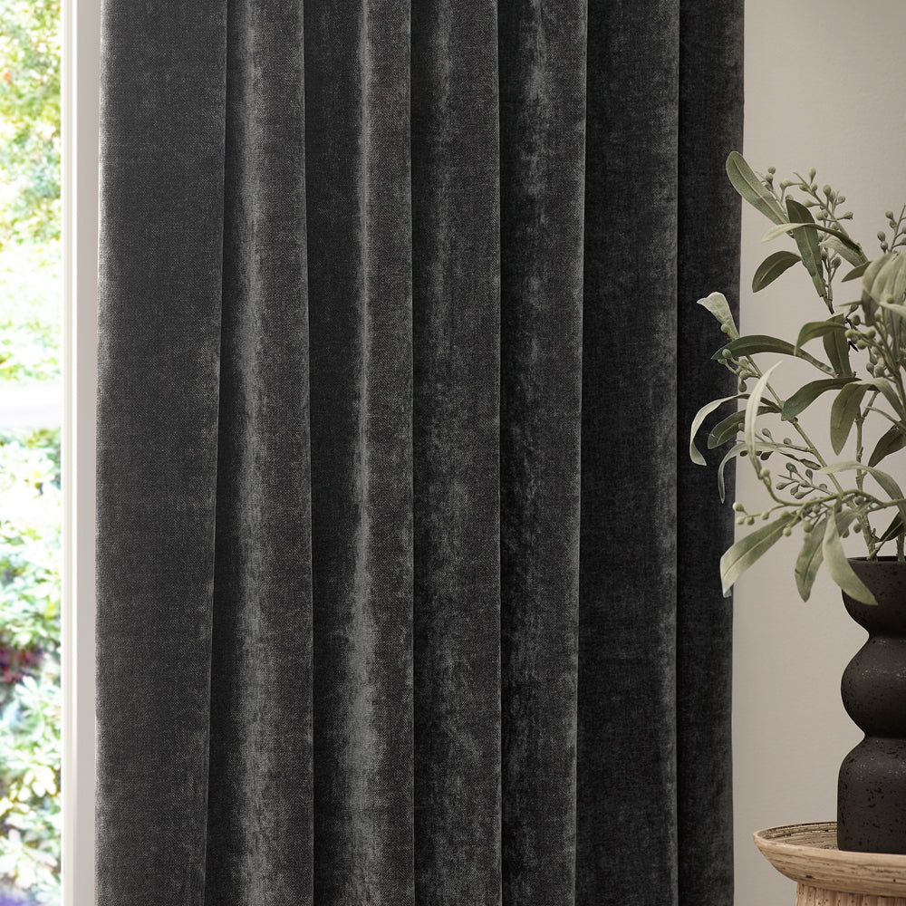 Plain Grey Curtains - Heavy Chenille Velvet Room Darkening Pencil Pleat Curtains Charcoal Yard