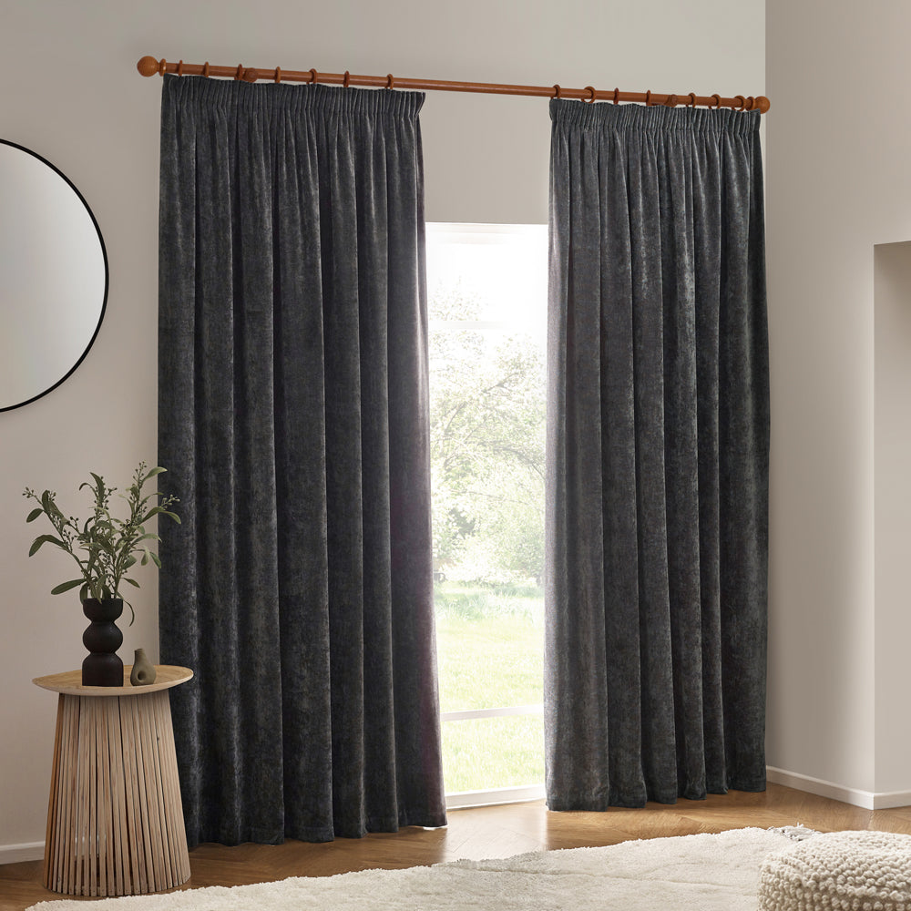 Plain Grey Curtains - Heavy Chenille Velvet Room Darkening Pencil Pleat Curtains Charcoal Yard