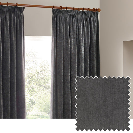 Plain Grey Curtains - Heavy Chenille Velvet Room Darkening Pencil Pleat Curtains Charcoal Yard