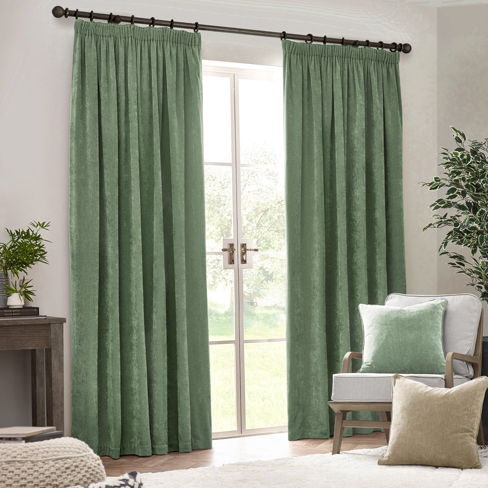 Plain Green Curtains - Heavy Chenille Velvet Room Darkening Pencil Pleat Curtains Eucalyptus Yard