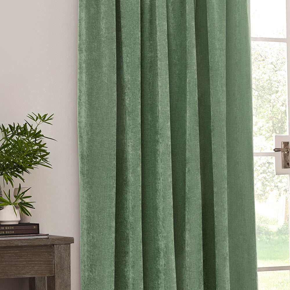 Plain Green Curtains - Heavy Chenille Velvet Room Darkening Pencil Pleat Curtains Eucalyptus Yard