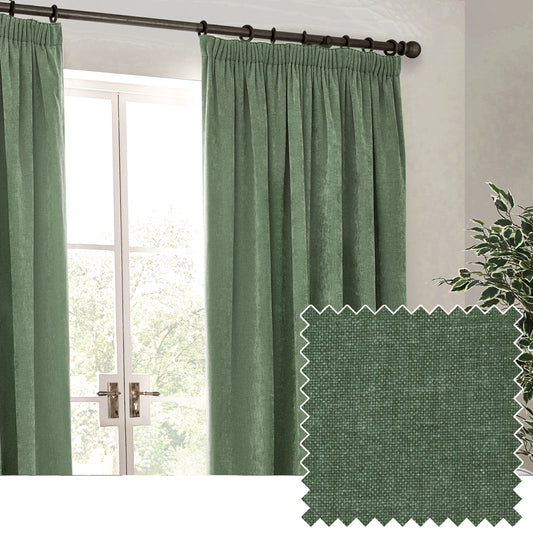 Plain Green Curtains - Heavy Chenille Velvet Room Darkening Pencil Pleat Curtains Eucalyptus Yard