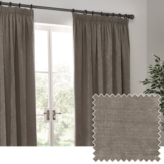 Plain Grey Curtains - Heavy Chenille Velvet Room Darkening Pencil Pleat Curtains Greige Yard