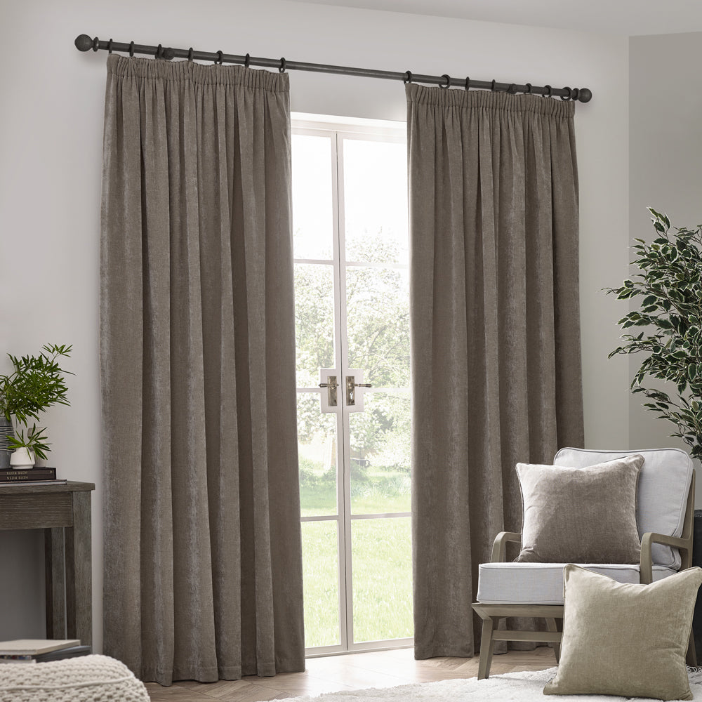 Plain Grey Curtains - Heavy Chenille Velvet Room Darkening Pencil Pleat Curtains Greige Yard