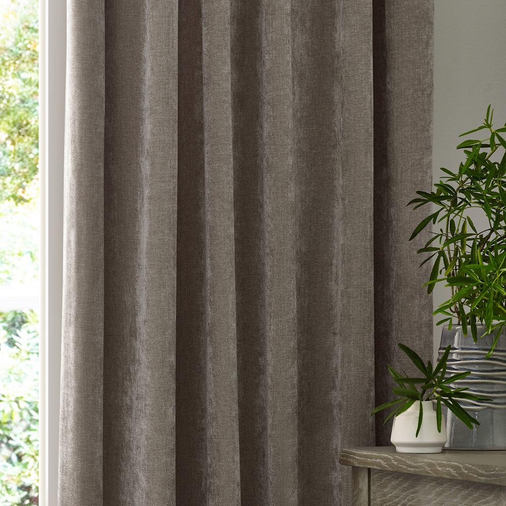 Plain Grey Curtains - Heavy Chenille Velvet Room Darkening Pencil Pleat Curtains Greige Yard