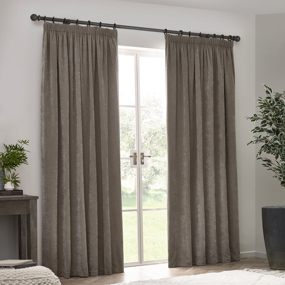 Plain Grey Curtains - Heavy Chenille Velvet Room Darkening Pencil Pleat Curtains Greige Yard