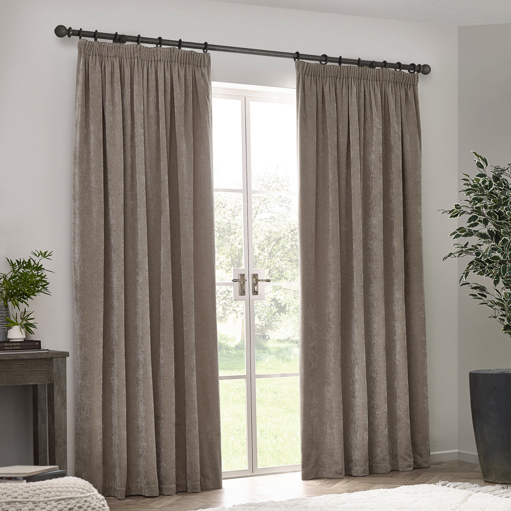 Plain Grey Curtains - Heavy Chenille Fully Lined Velvet Pencil Pleat Curtains Greige Yard
