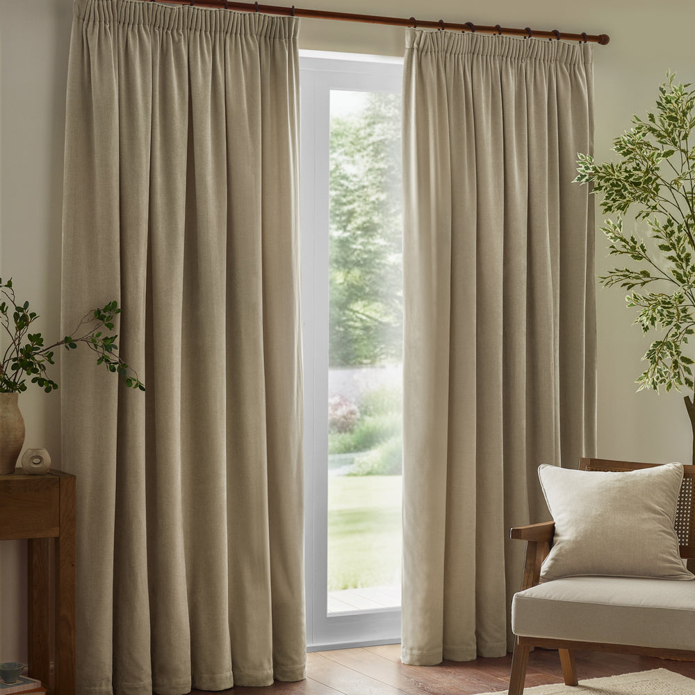 Plain Beige Curtains - Heavy Chenille Velvet Room Darkening Pencil Pleat Curtains Linen Yard
