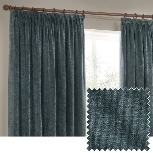 Plain Blue Curtains - Heavy Chenille Velvet Room Darkening Pencil Pleat Curtains Marine Yard