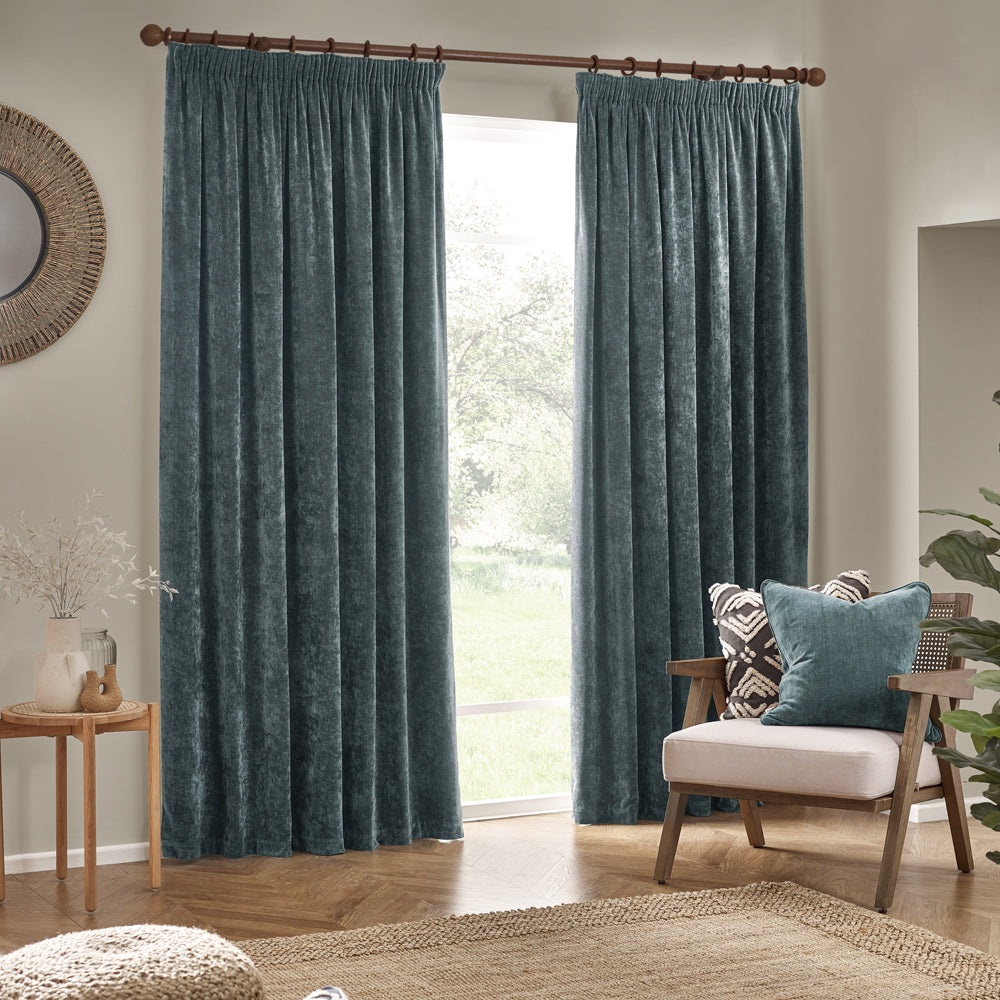 Plain Blue Curtains - Heavy Chenille Velvet Room Darkening Pencil Pleat Curtains Marine Yard