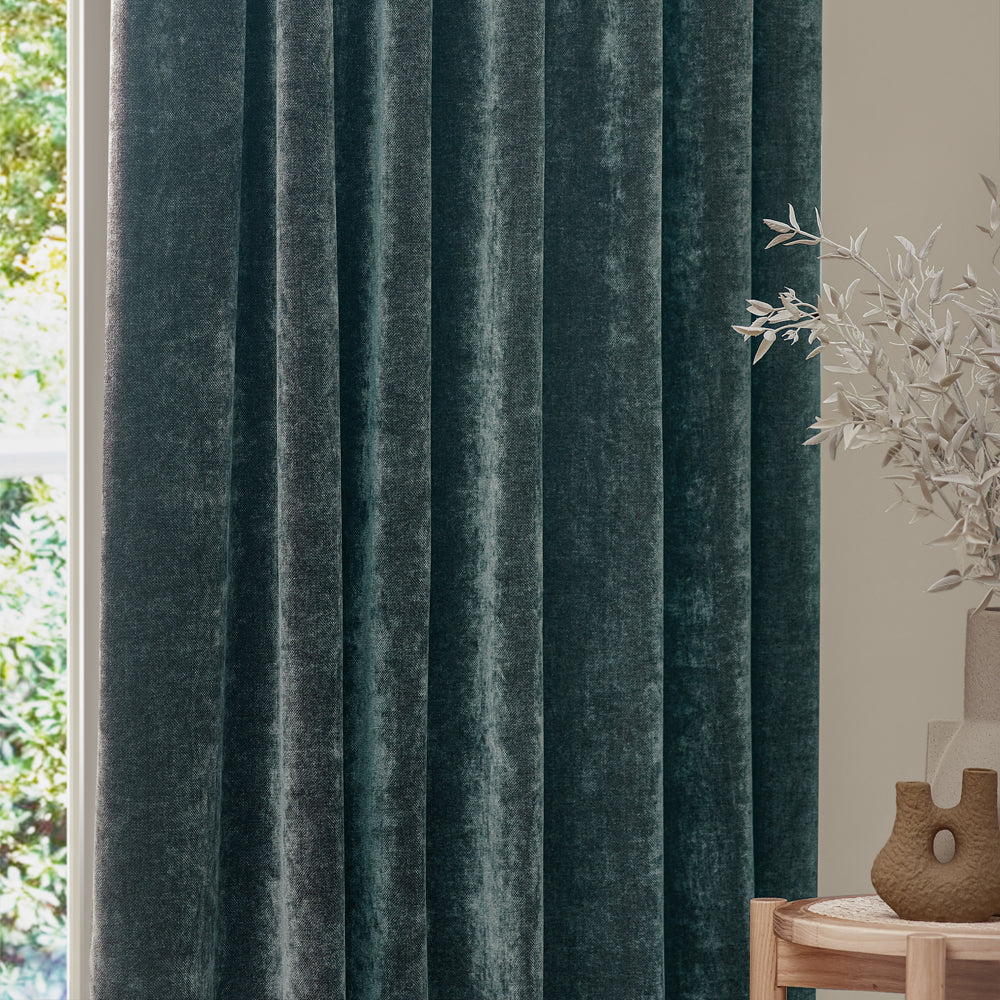 Plain Blue Curtains - Heavy Chenille Velvet Room Darkening Pencil Pleat Curtains Marine Yard