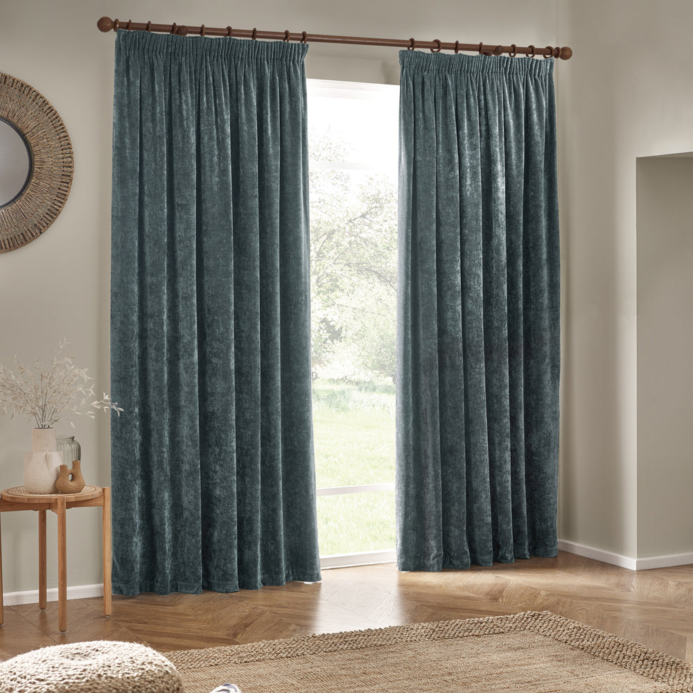 Plain Blue Curtains - Heavy Chenille Velvet Room Darkening Pencil Pleat Curtains Marine Yard