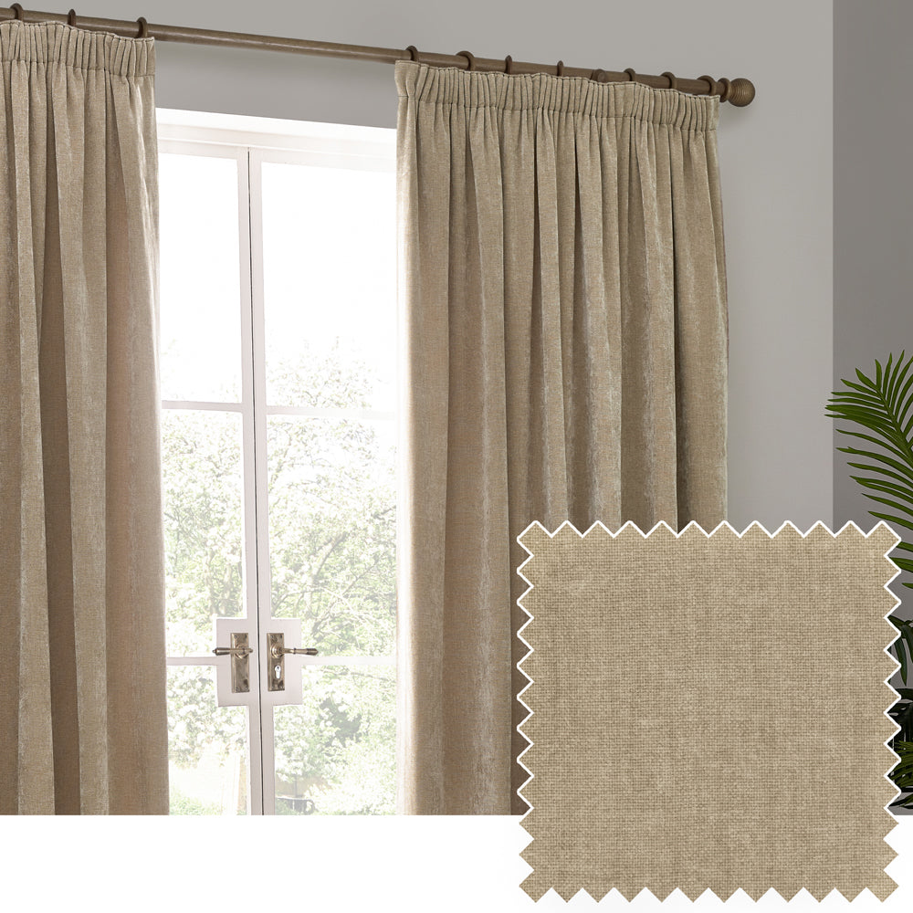 Plain Beige Curtains - Heavy Chenille Velvet Room Darkening Pencil Pleat Curtains Natural Yard