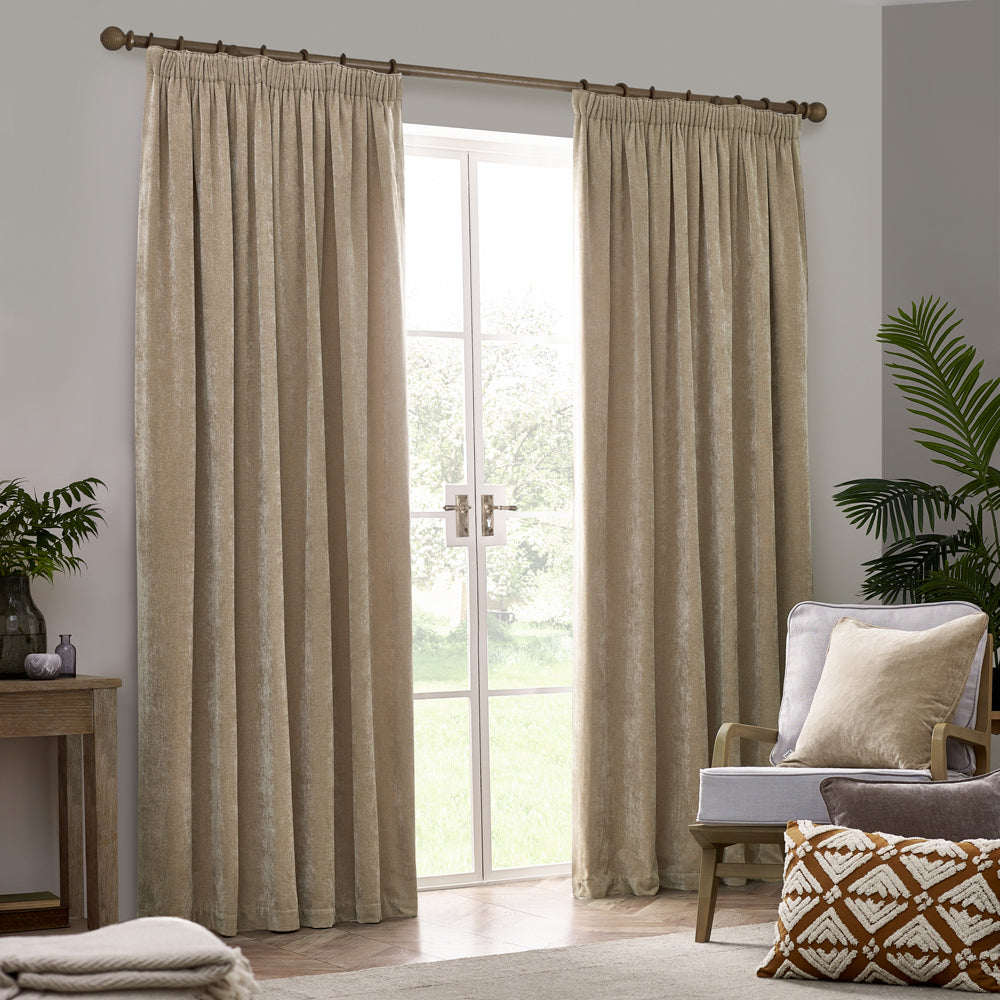 Plain Beige Curtains - Heavy Chenille Velvet Room Darkening Pencil Pleat Curtains Natural Yard