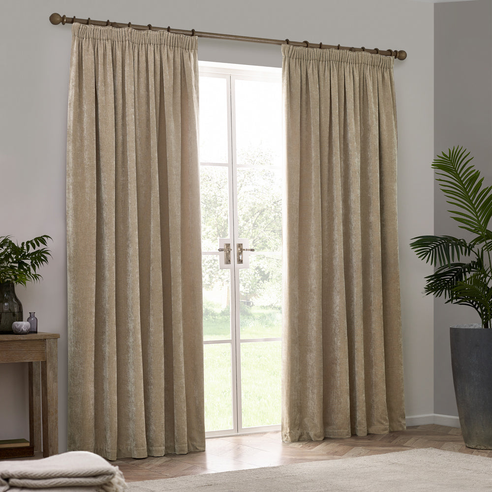 Plain Beige Curtains - Heavy Chenille Velvet Room Darkening Pencil Pleat Curtains Natural Yard