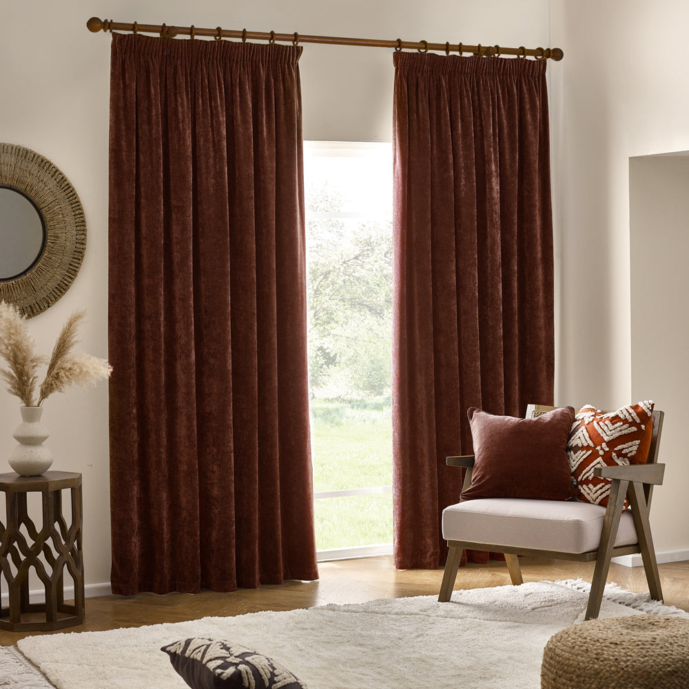 Plain Red Curtains - Heavy Chenille Velvet Room Darkening Pencil Pleat Curtains Nutmeg Yard