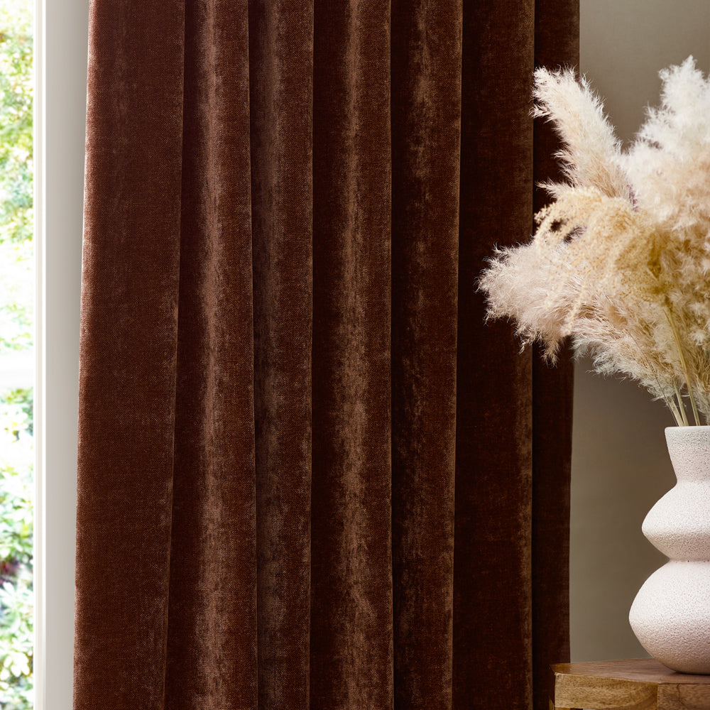 Plain Red Curtains - Heavy Chenille Velvet Room Darkening Pencil Pleat Curtains Nutmeg Yard