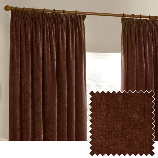 Plain Red Curtains - Heavy Chenille Velvet Room Darkening Pencil Pleat Curtains Nutmeg Yard