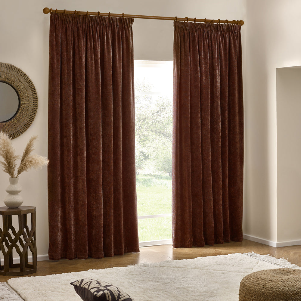 Plain Red Curtains - Heavy Chenille Velvet Room Darkening Pencil Pleat Curtains Nutmeg Yard