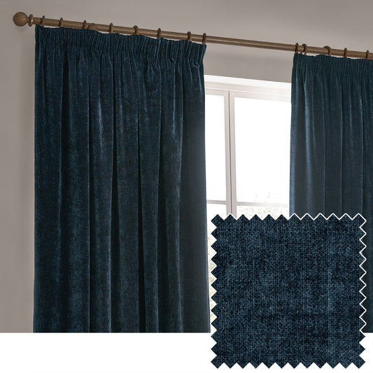 Plain Blue Curtains - Heavy Chenille Velvet Room Darkening Pencil Pleat Curtains Navy Yard