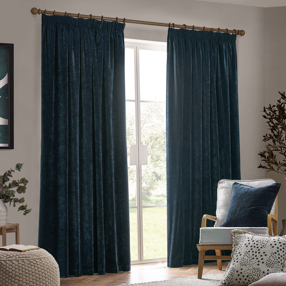 Plain Blue Curtains - Heavy Chenille Velvet Room Darkening Pencil Pleat Curtains Navy Yard