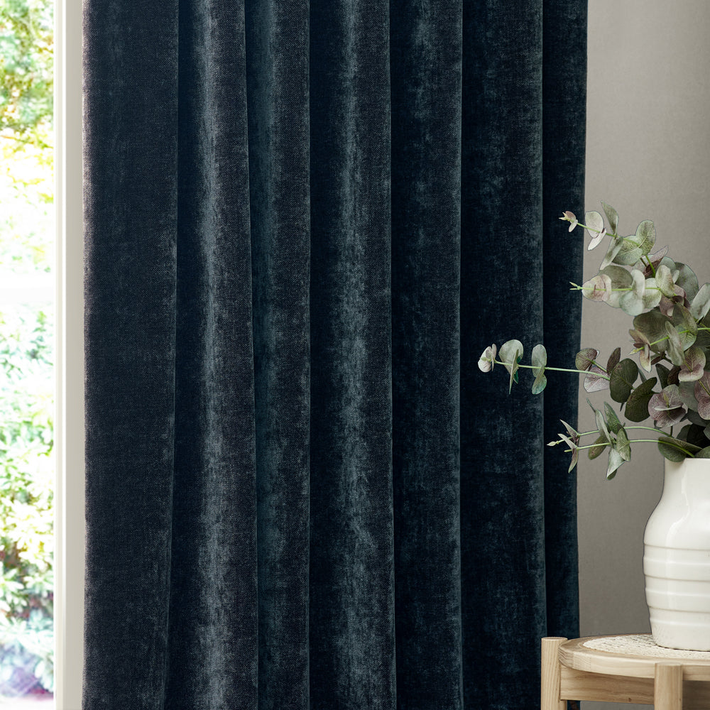 Plain Blue Curtains - Heavy Chenille Velvet Room Darkening Pencil Pleat Curtains Navy Yard