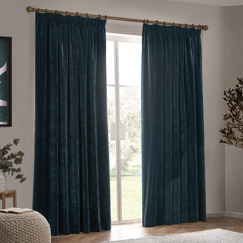 Plain Blue Curtains - Heavy Chenille Velvet Room Darkening Pencil Pleat Curtains Navy Yard